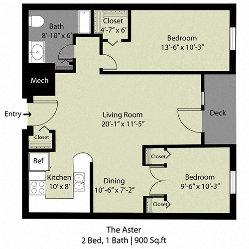 Floor plan for 2 beds, 1 bath, 900 sqft